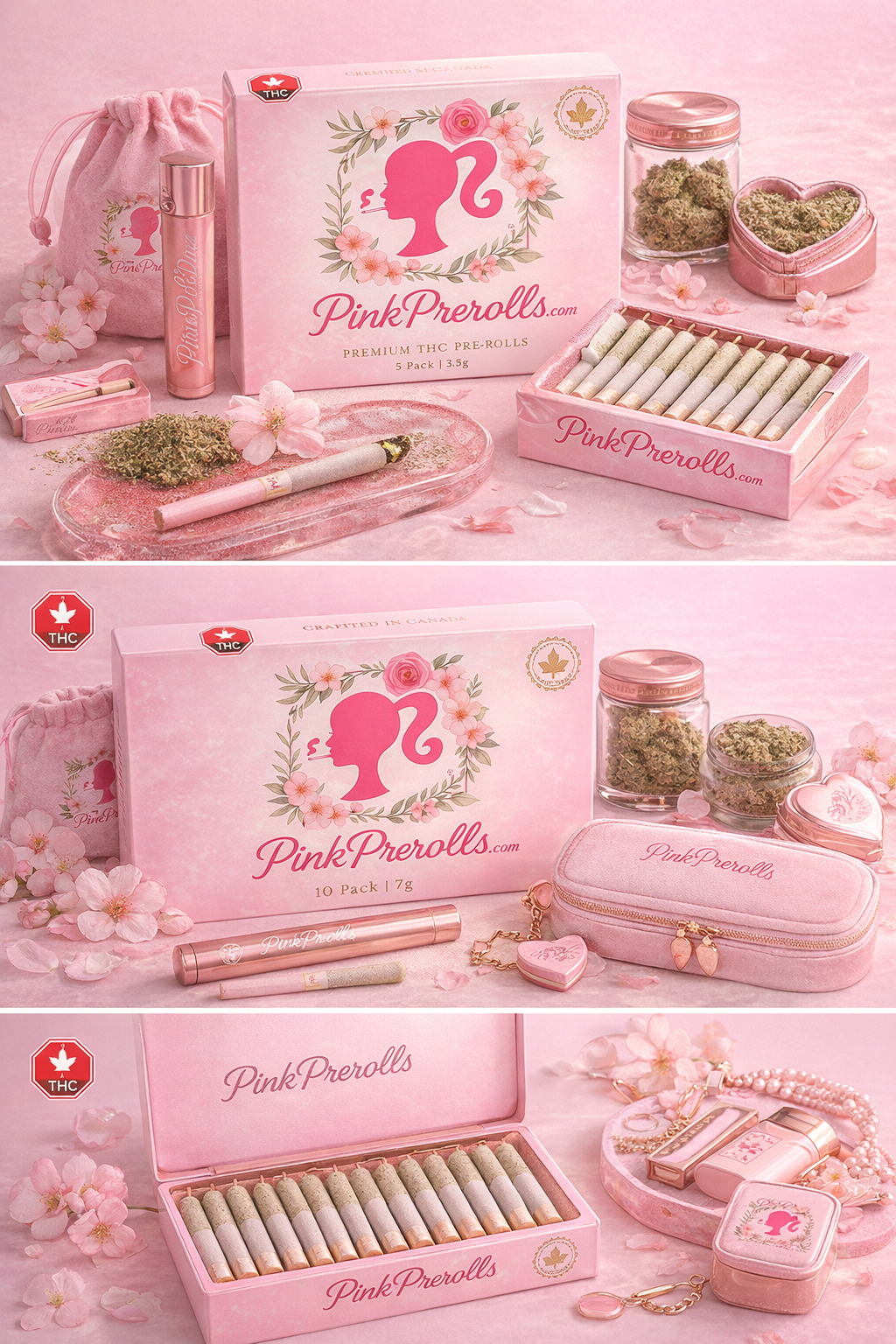 Pink PreRolls 5 pack, 10 pack, and 20 pack presentation